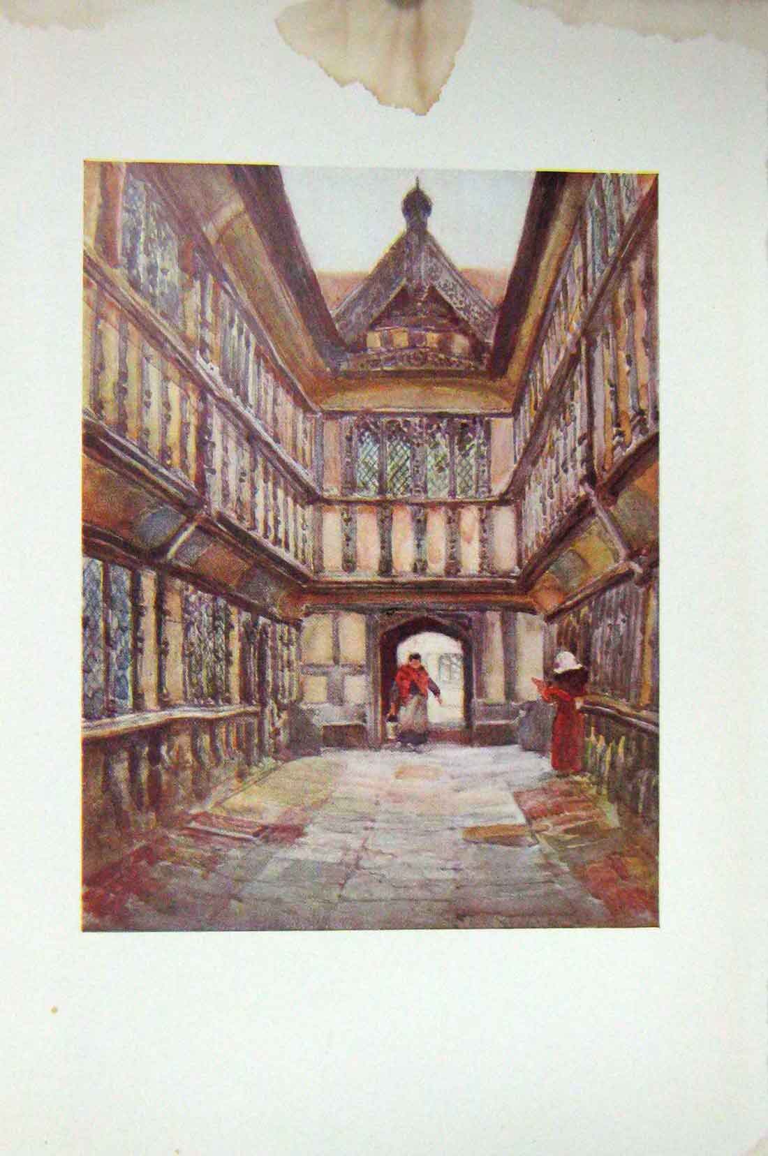 Original Old Antique Print Colour Ford'S Hospital Coventry England