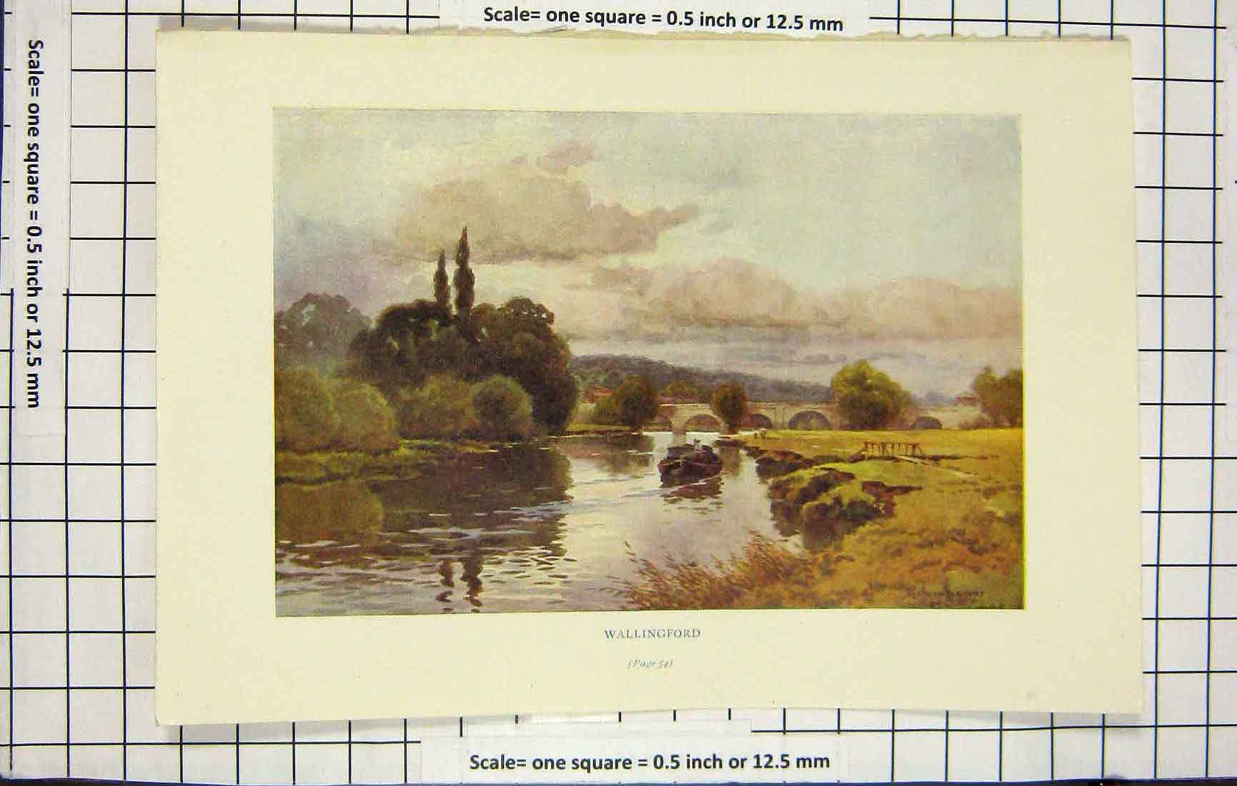 Original Old Antique Print Ref.909 Colour View Wallingford River Boat Bridge