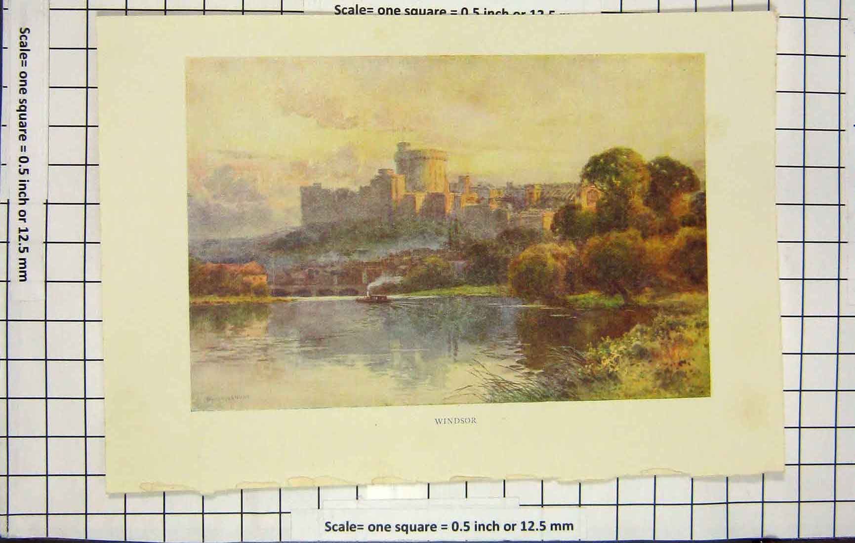 Original Old Antique Print Colour View Windsor Castle London River Thames