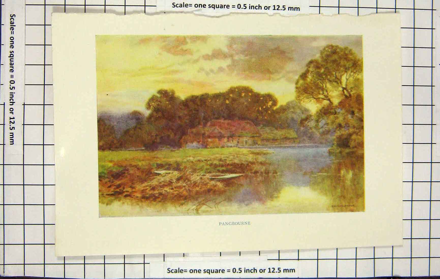 Original Old Antique Print Haslehust Colour View Pangbourne Lake Trees