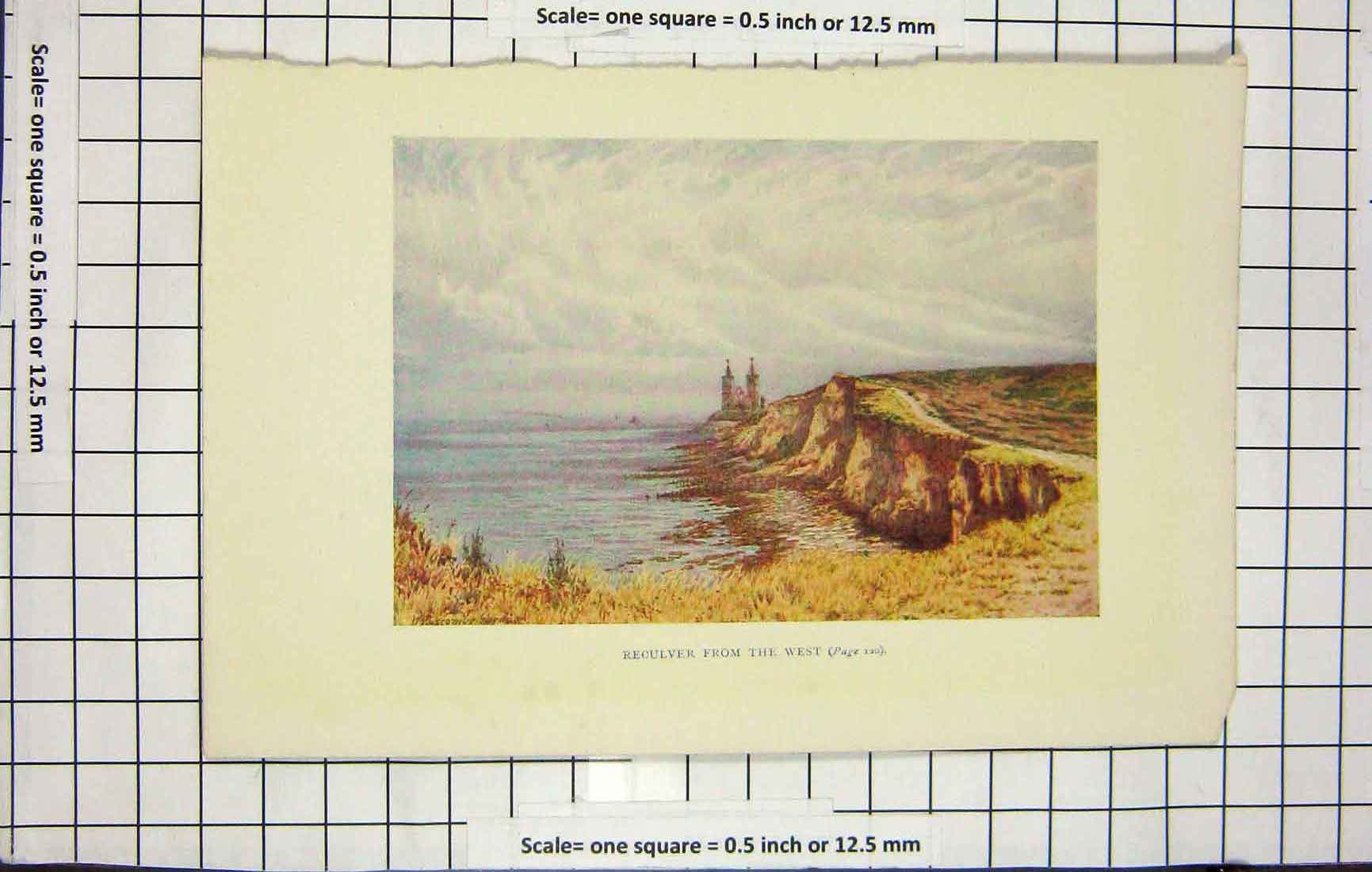 Original Old Antique Print Colour View Recluver Sea Tower Countryside