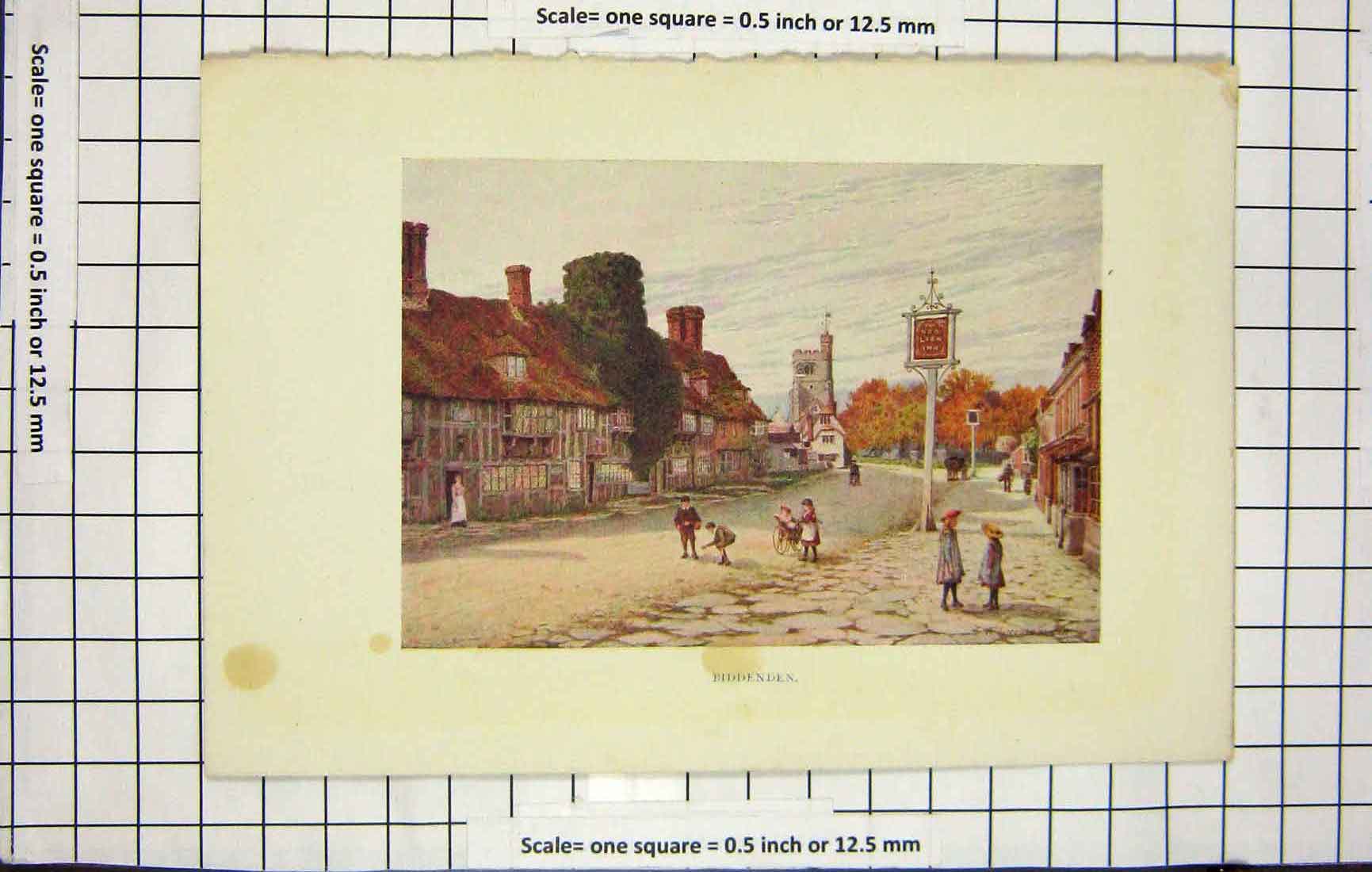 Original Old Antique Print Colour Street Scene Biddenden Children Playing