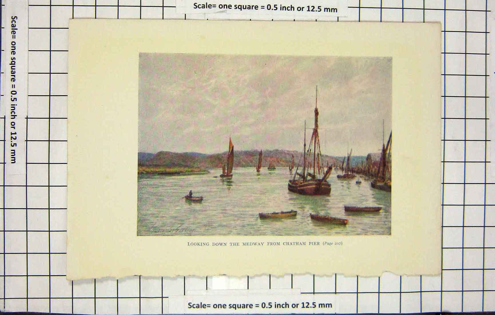 Original Old Antique Print Colour View Medway Chatham Pier Ships Boats