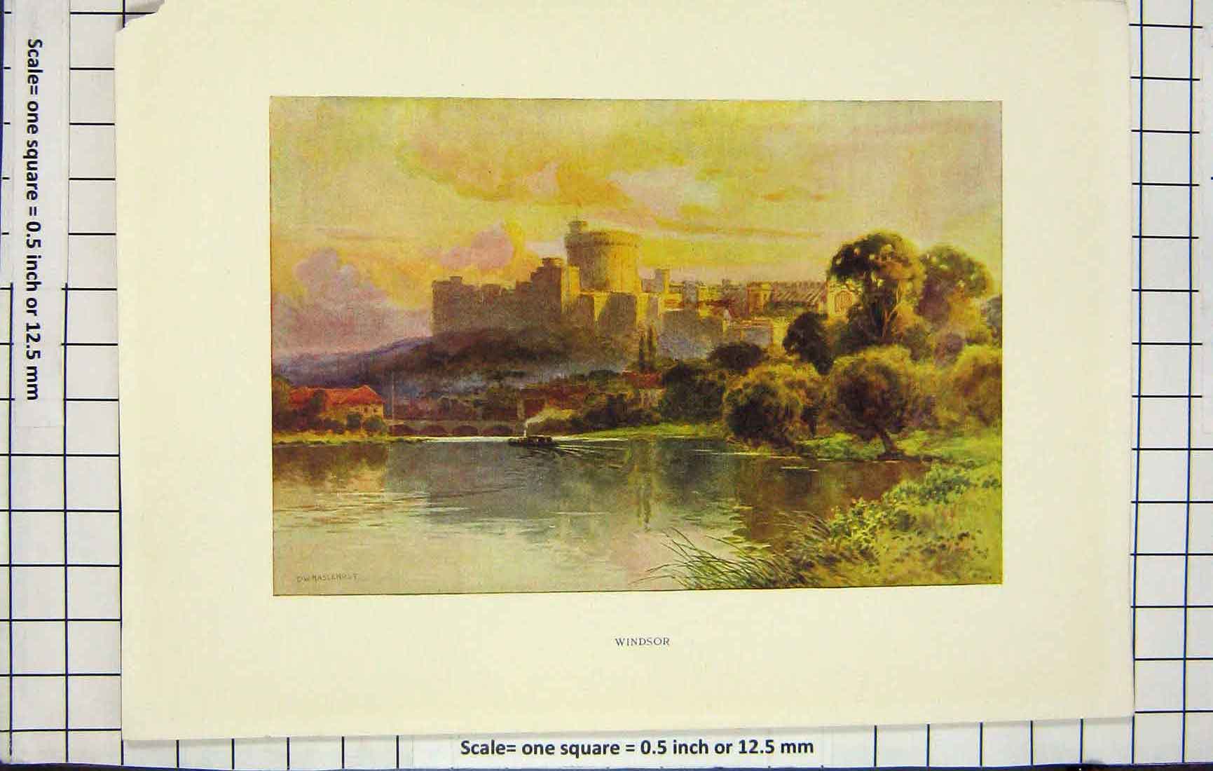 Original Old Antique Print Haslehust Colour Windsor Castle London Thames