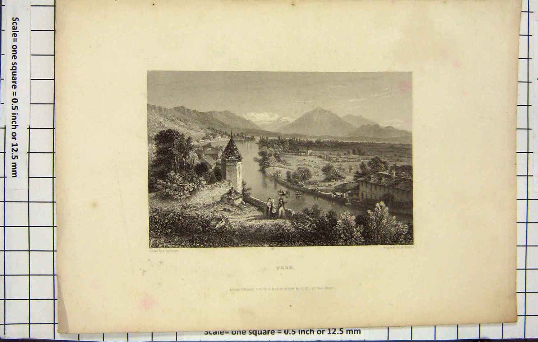 Original Old Antique Print View Thun Mountains River Finden Cooper