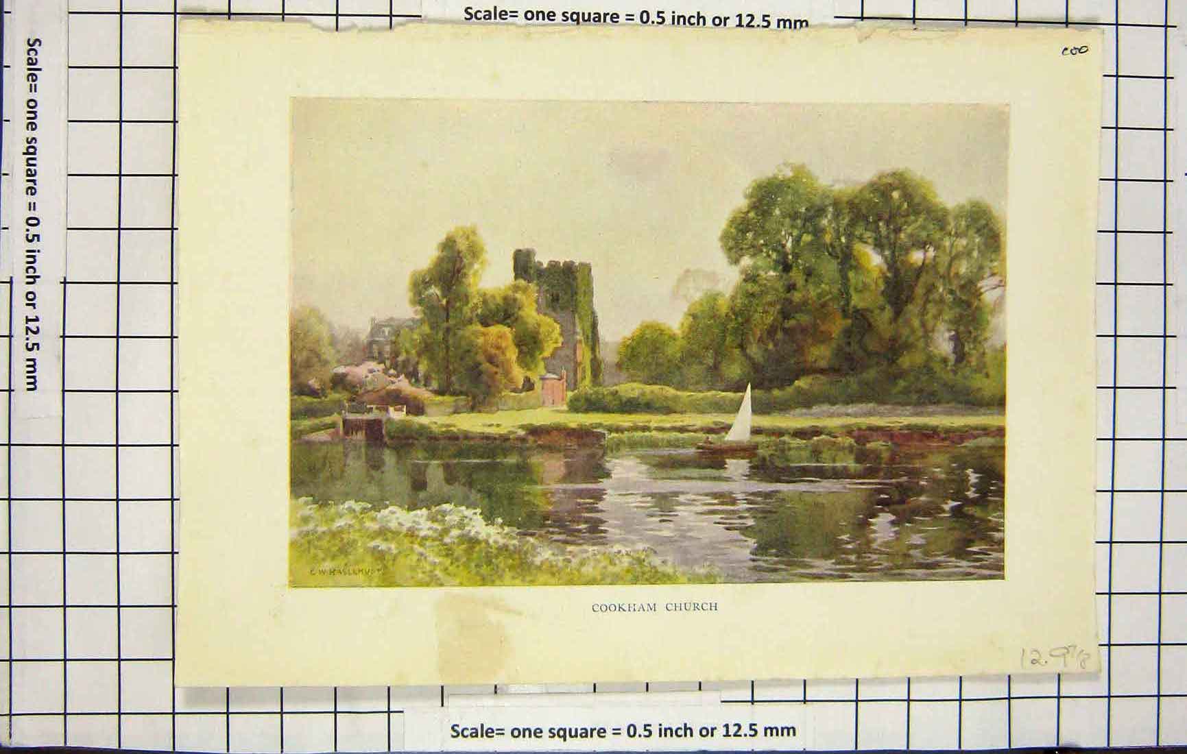 Original Old Antique Print Colour View Cookham Church River Boat Trees