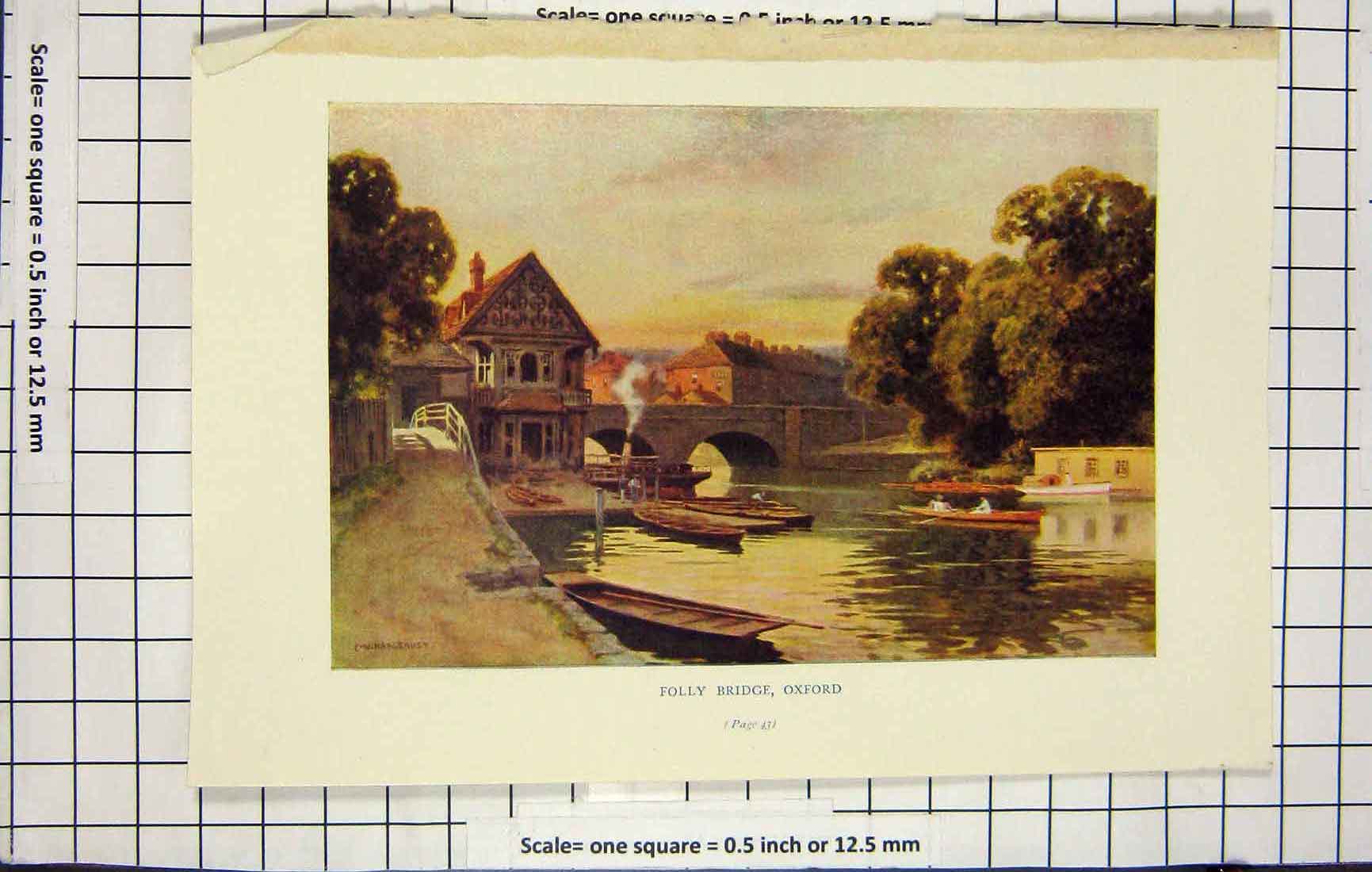 Original Old Antique Print Haslehust Colour View Folly Bridge Oxford England