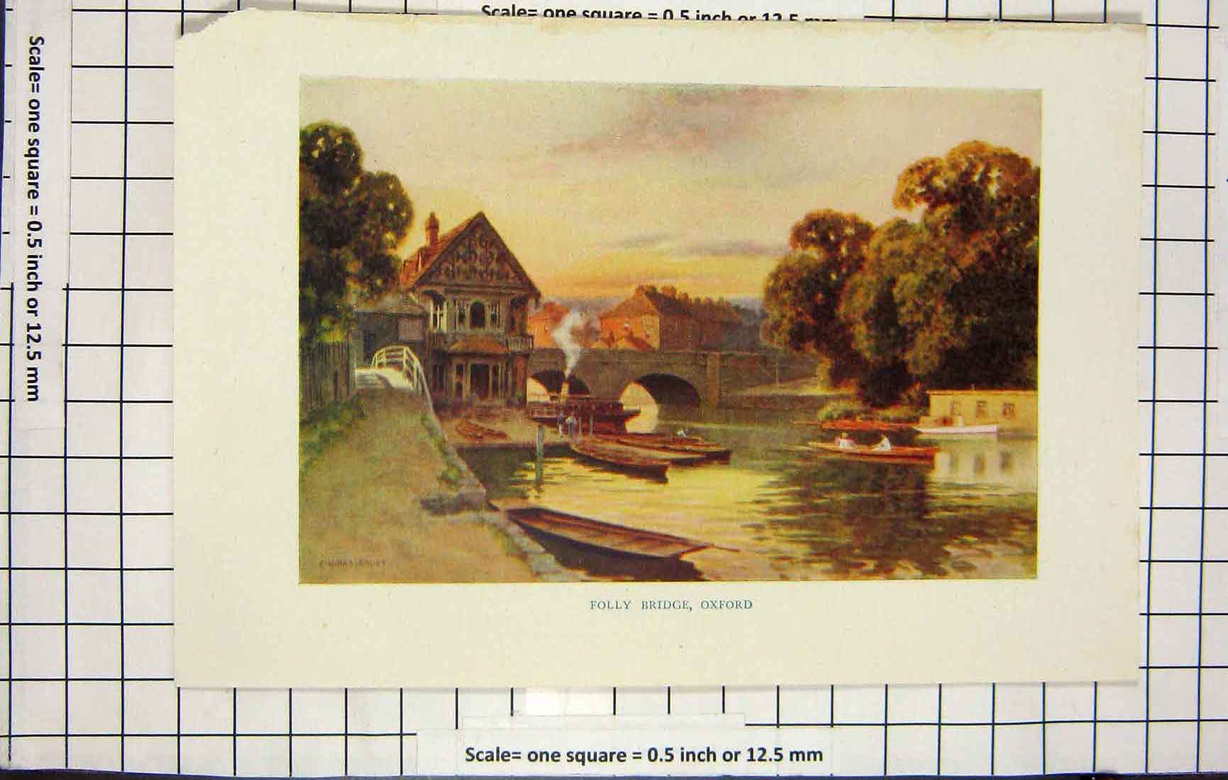 Original Old Antique Print Haslehust Colour View Folly Bridge Oxford River