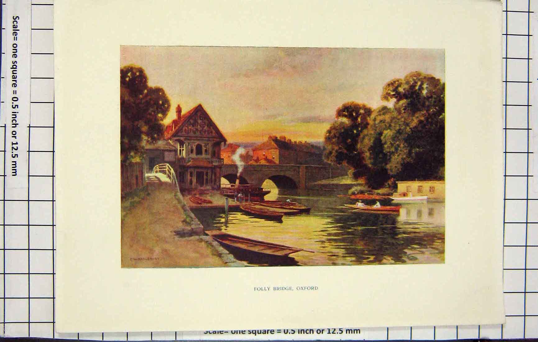 Old Antique Print Ref.912 Haslehust Colour View Folly Bridge Oxford River