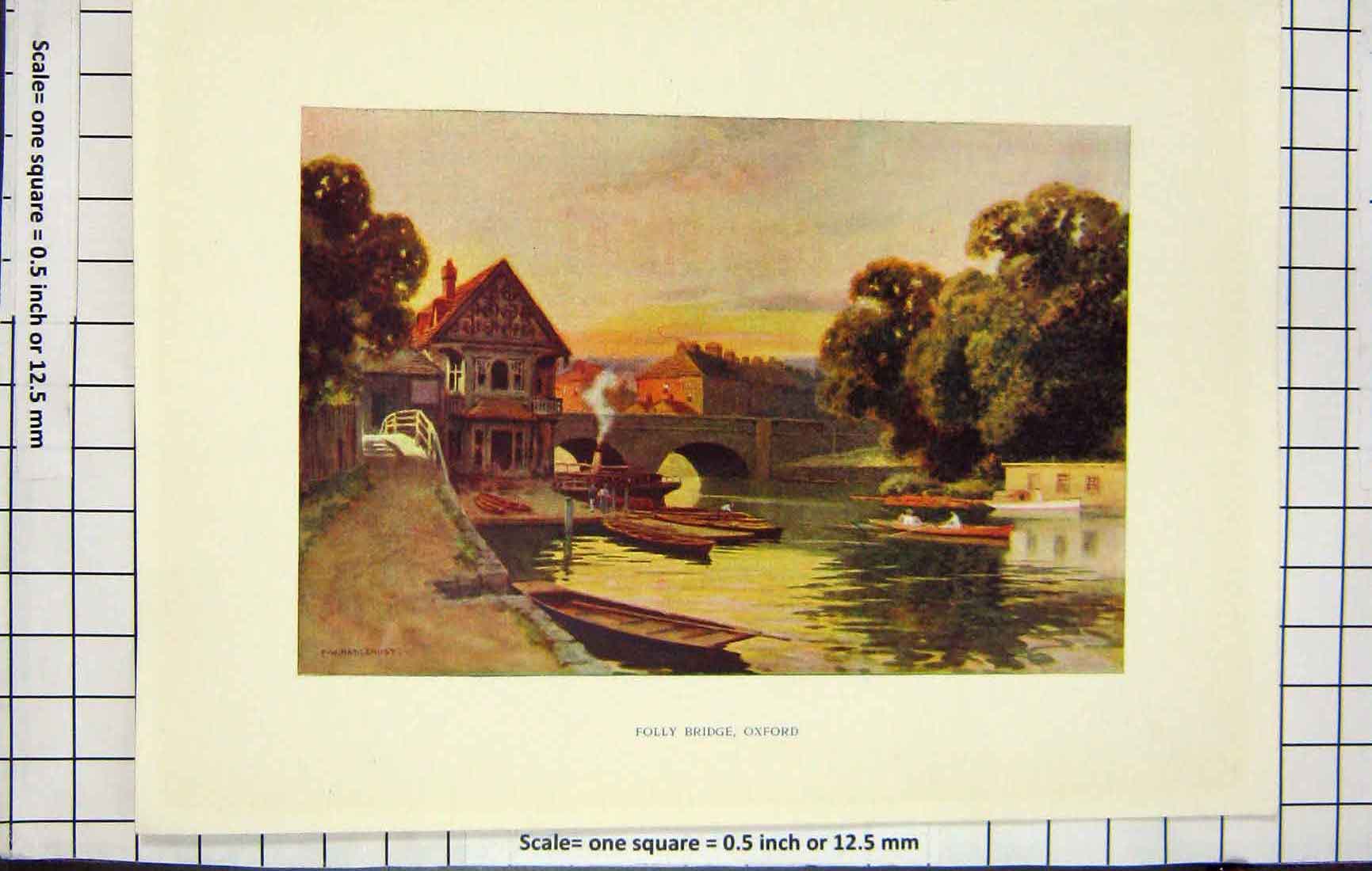 Original Old Antique Print Haslehhust Colour View Folly Bridge Oxford River