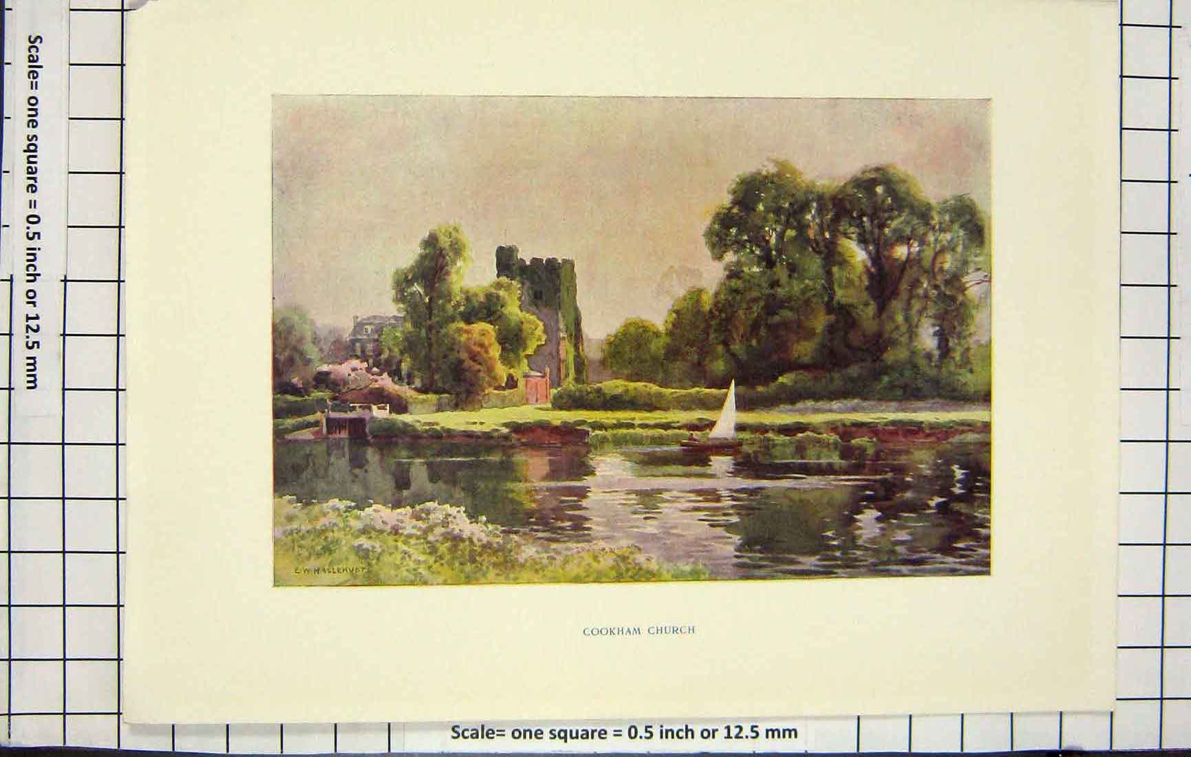Original Old Antique Print Haslehust Colour View Cookham Church River