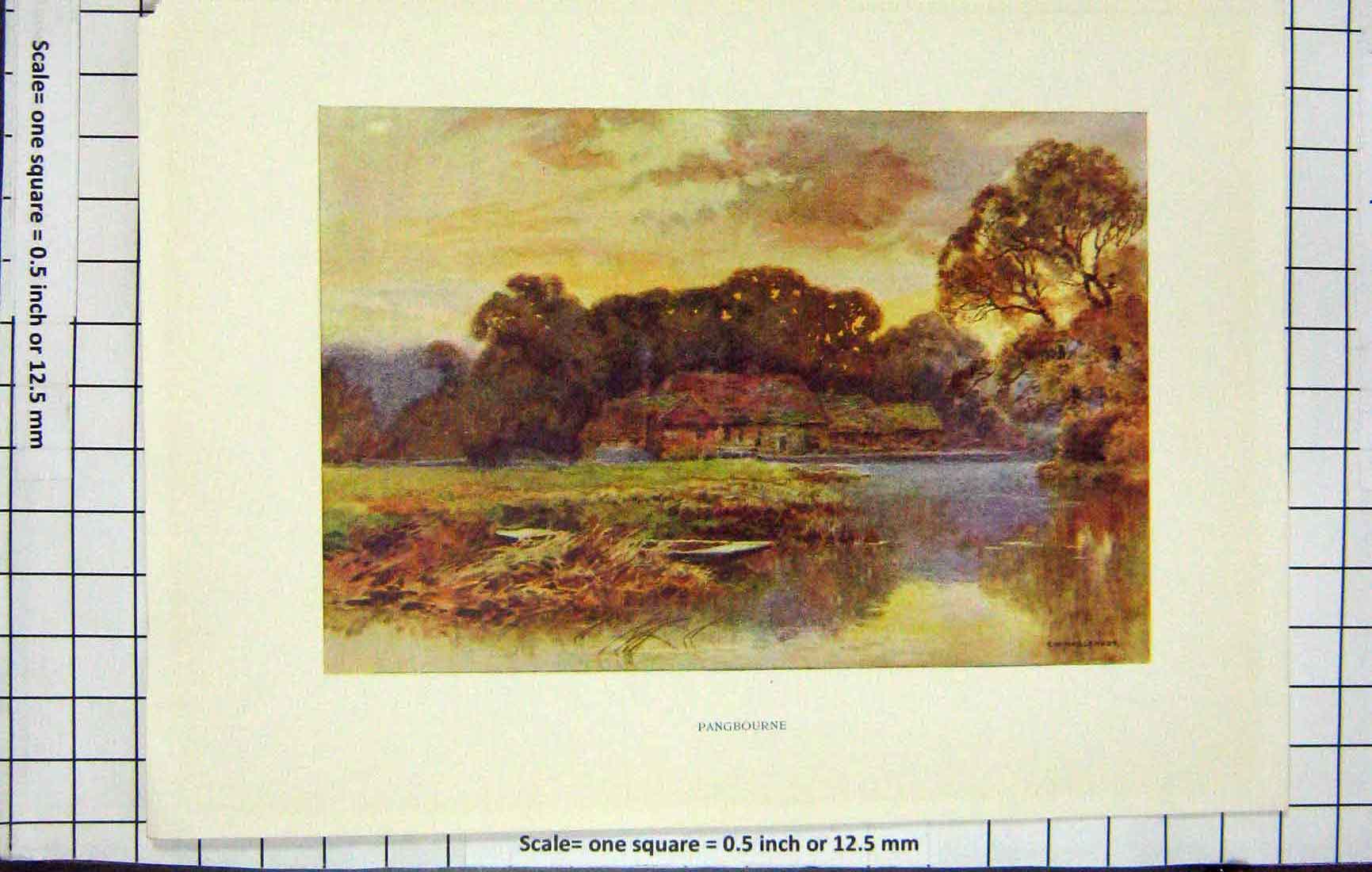 Original Old Antique Print Haslehust Colour View Pangbourne River House