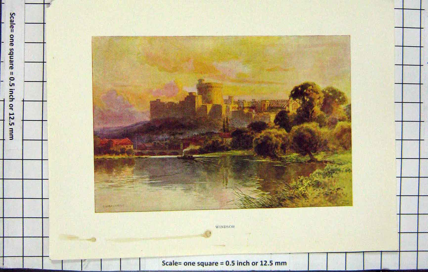 Original Old Antique Print Haslehust Colour View Windsor Castle London River