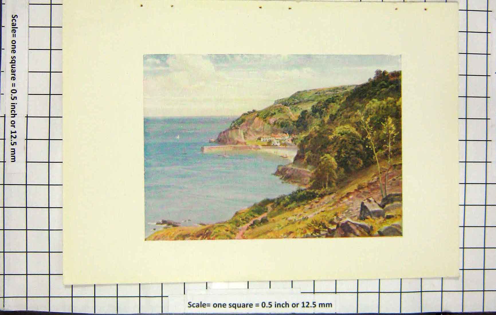Original Old Antique Print Colour Sea Beach Houses Yacht Country