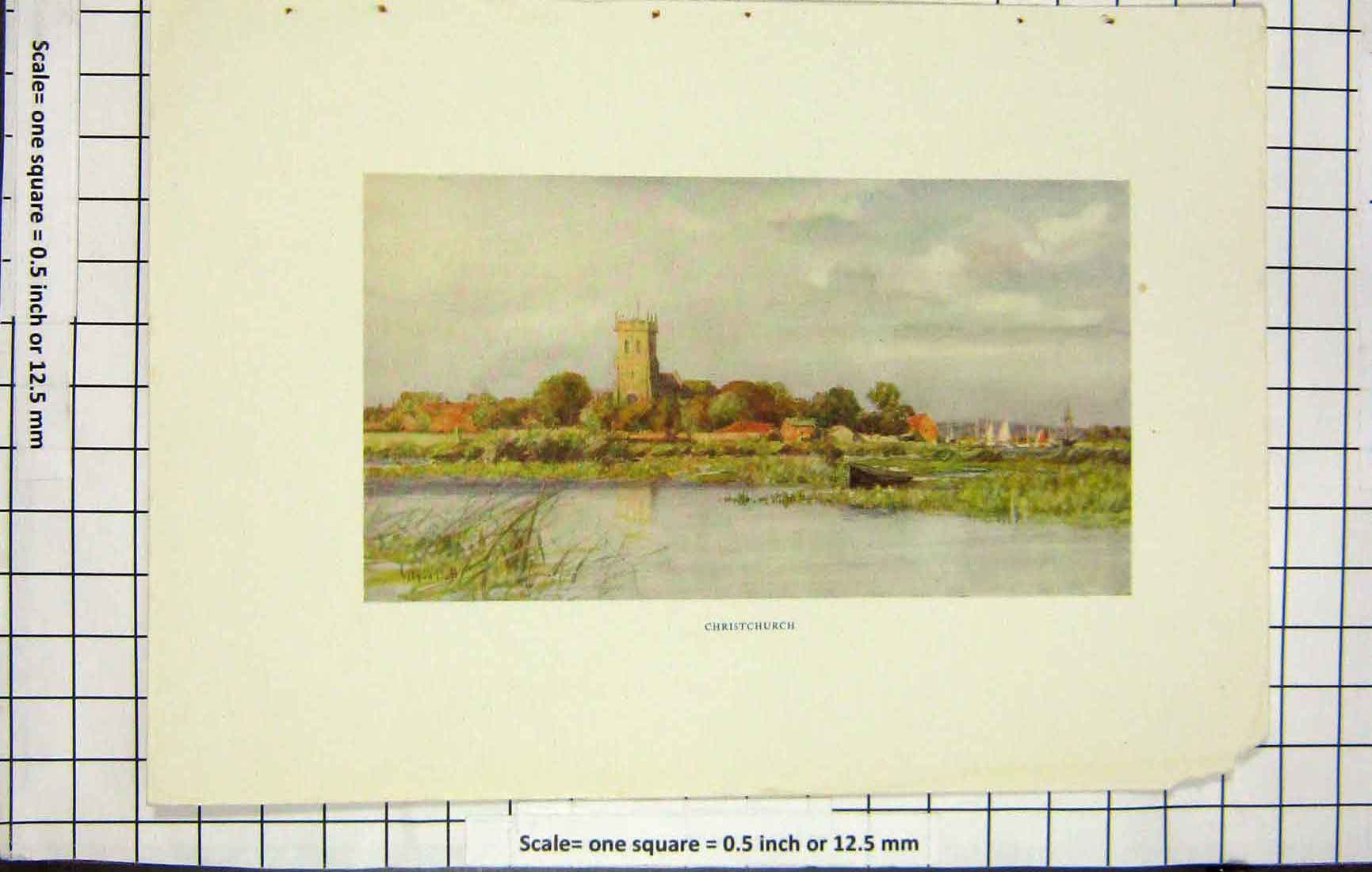 Original Old Antique Print Colour View Christchurch Tower Lake