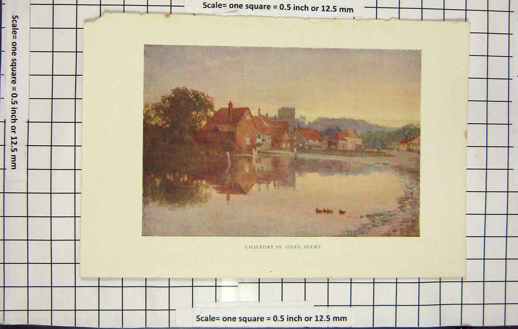 Original Old Antique Print Colour View Chalfont St. Giles Bucks River Houses
