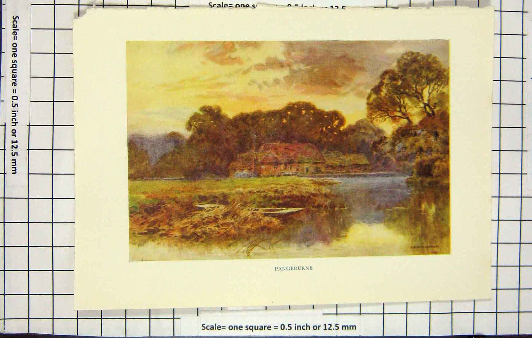Original Old Antique Print Haslehust Colour View Pangbourne Lake House