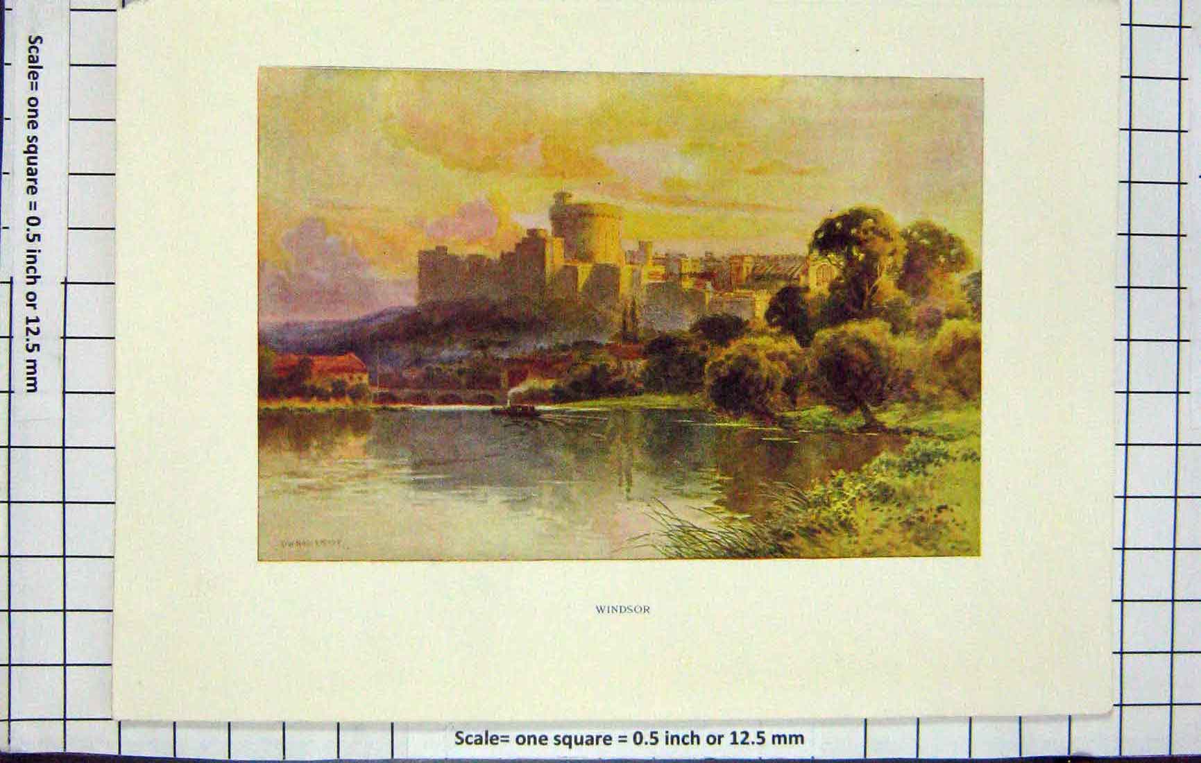 Original Old Antique Print Haslehust Colour View Windsor Castle River Thames