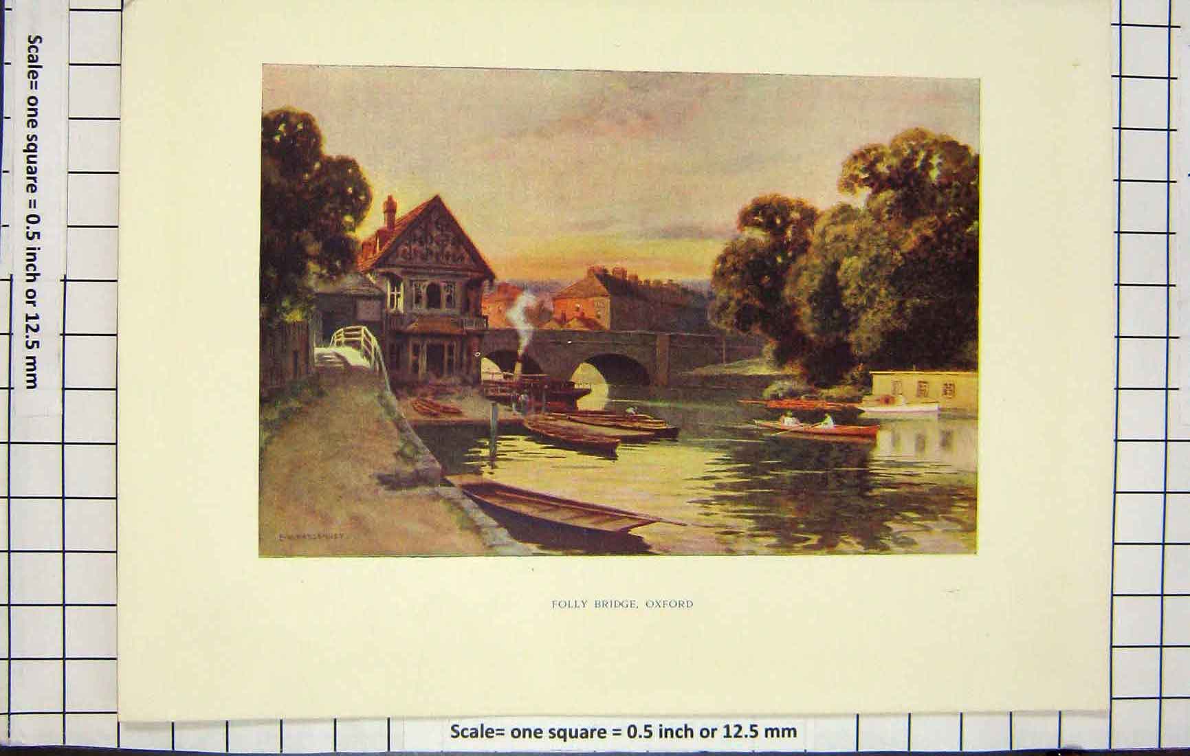 Old Antique Print Ref.917 Haslehust Colour View Folly Bridge Oxford River