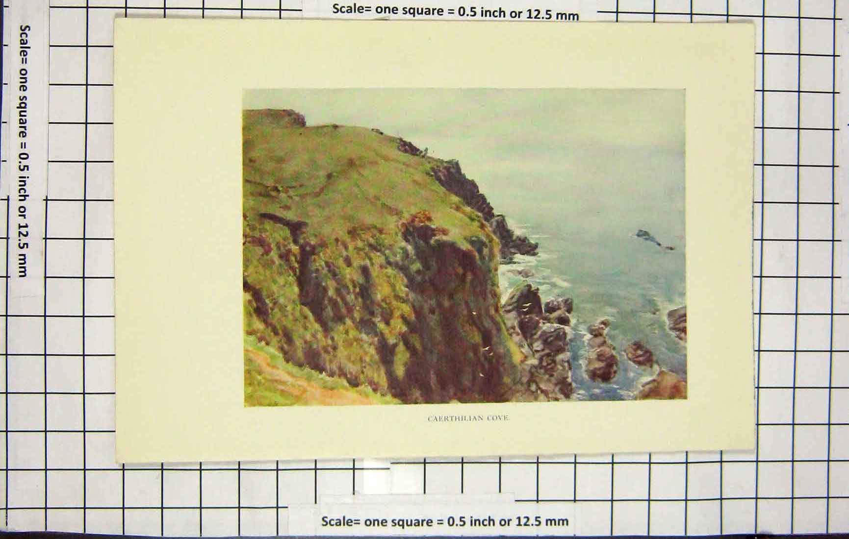 Original Old Antique Print Colour View Caerthilian Cove Cliffs Sea