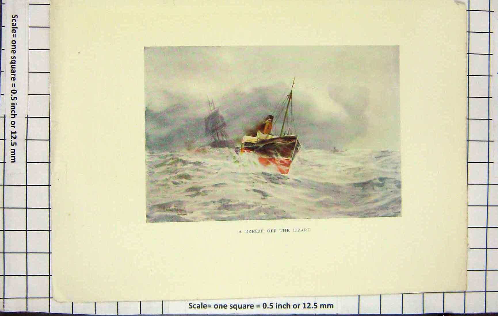 Original Old Antique Print Colour Scene Breeze Lizard Point Ships Stormy Sea