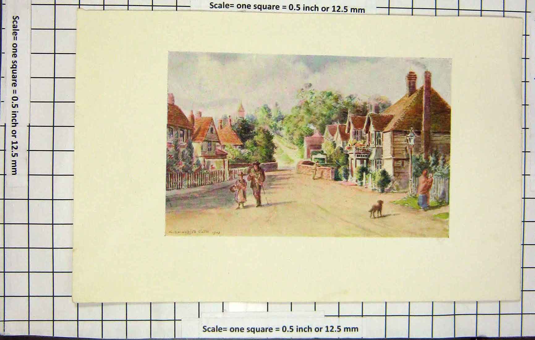 Original Old Antique Print Colour Street Scene Town Houses Dog People