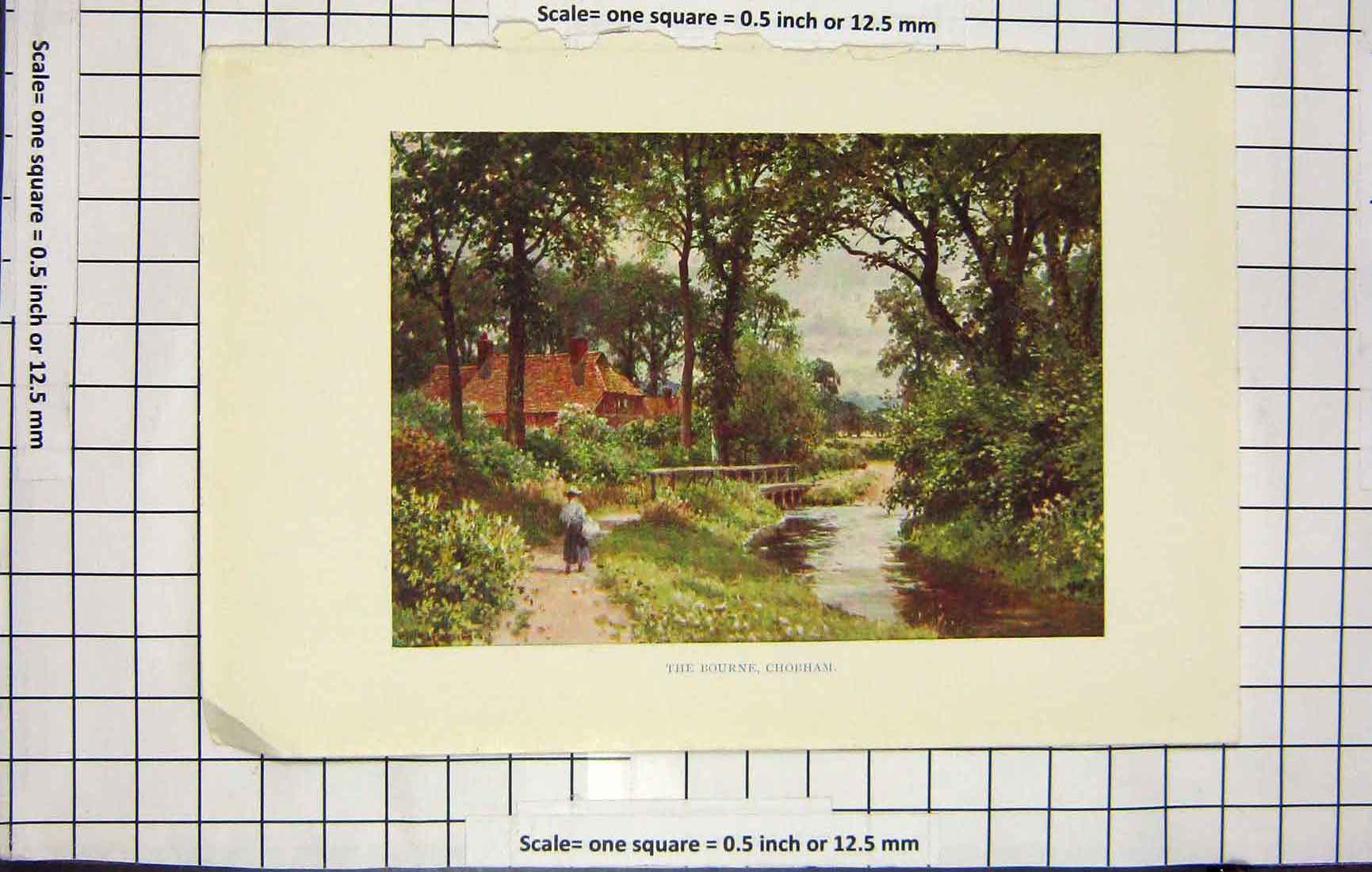 Original Old Antique Print Colour View Bourne Chobham River Tree Country