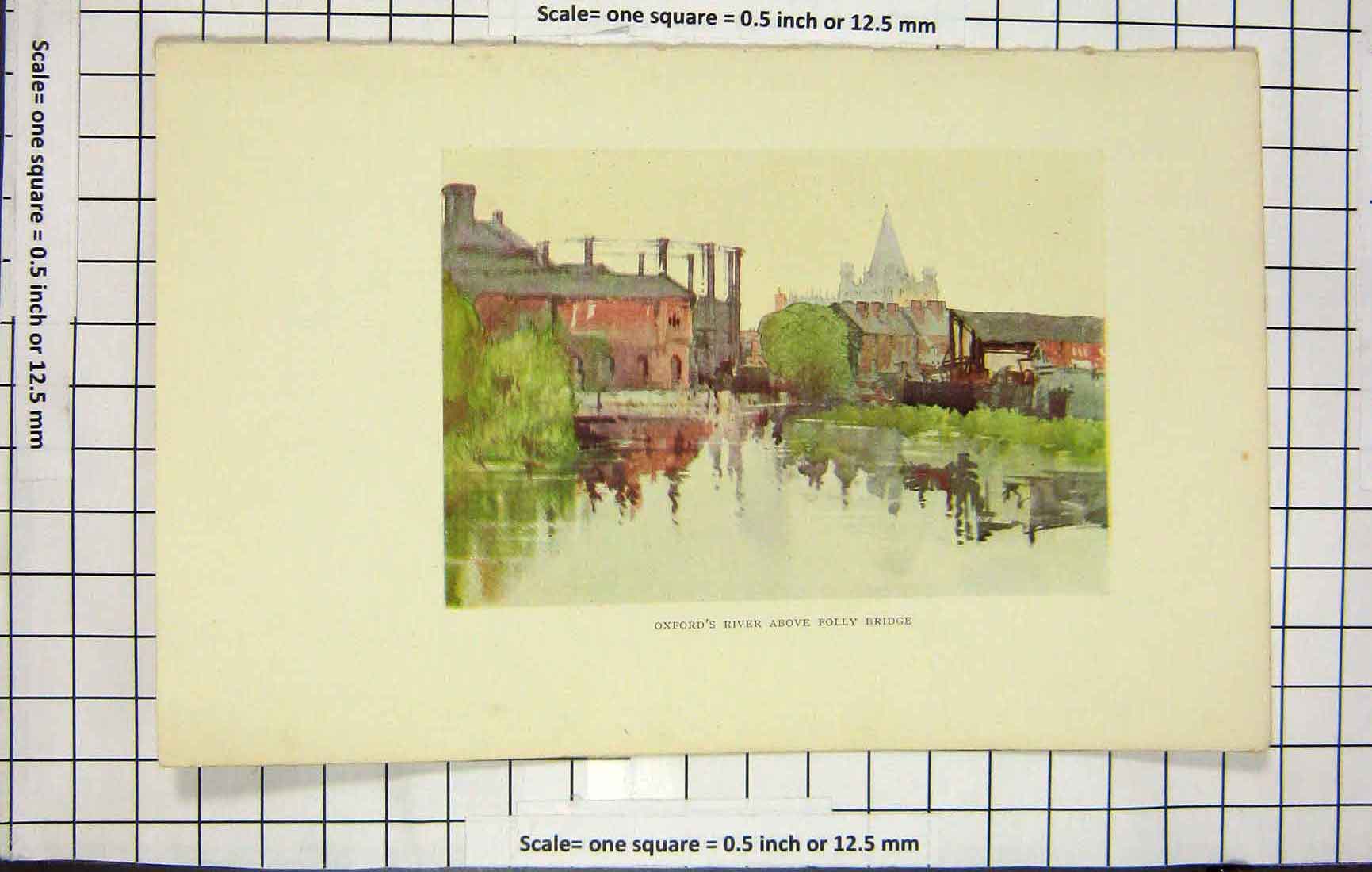 Original Old Antique Print Colour View Oxford River Folly Bridge England