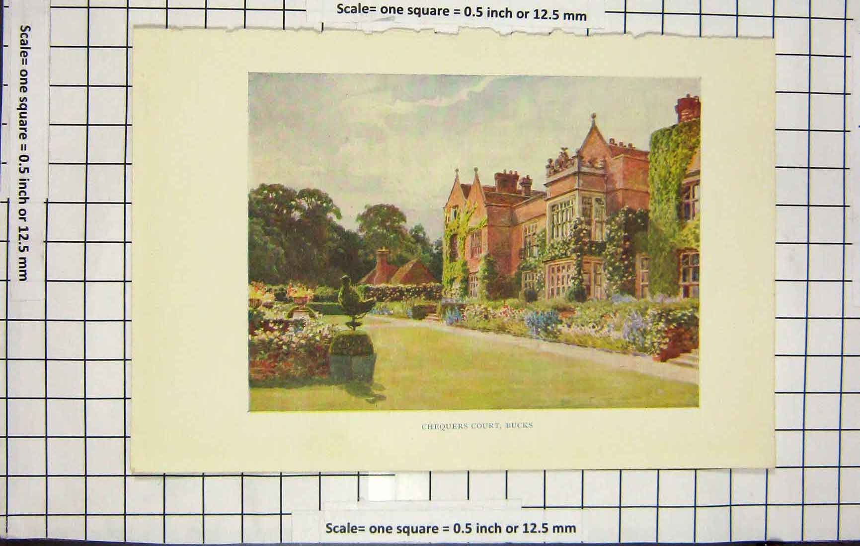 Original Old Antique Print Colour View Chequers Court Bucks England Gardens