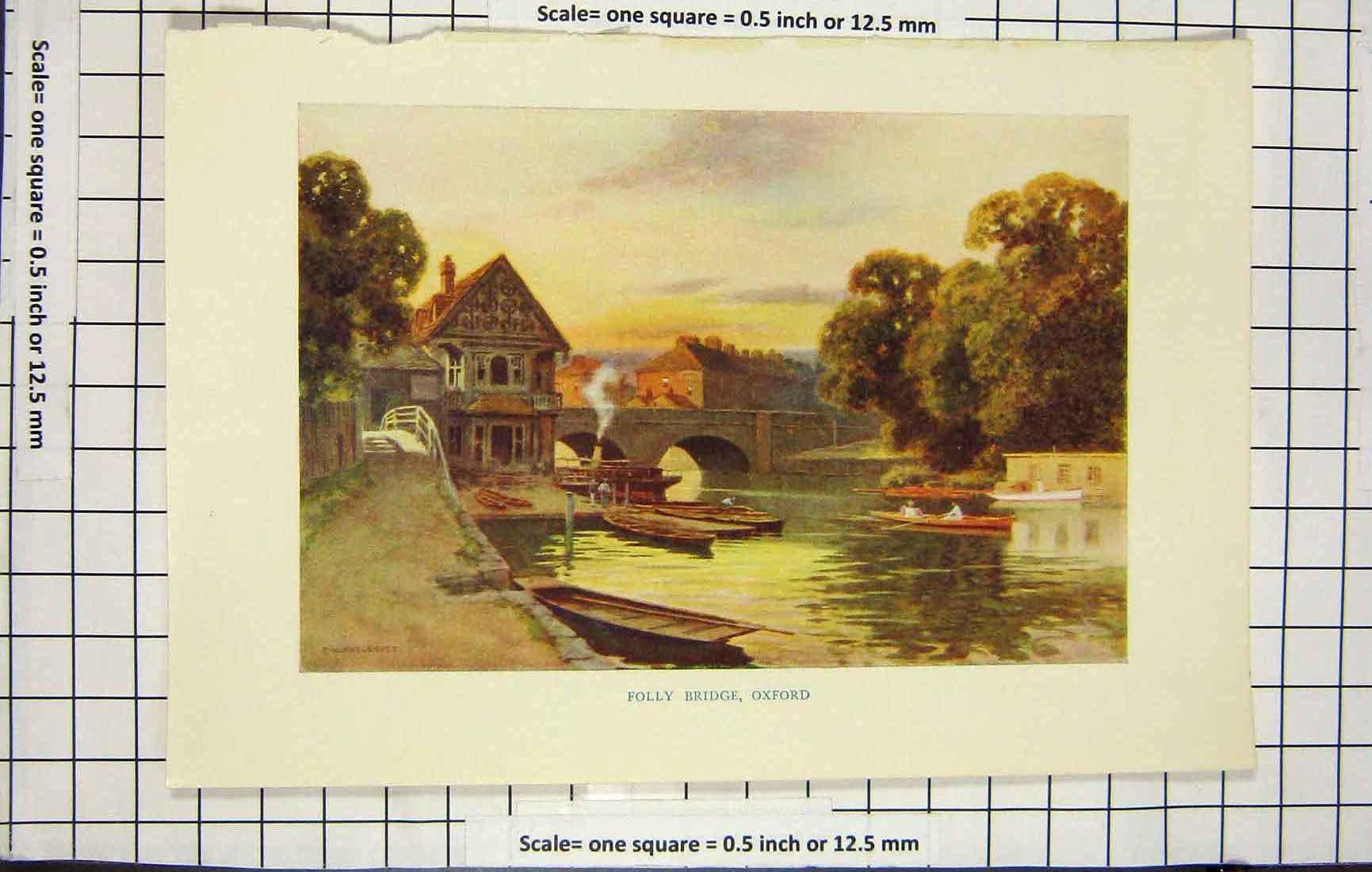 Antique Old Print Ref.919 Haslehust Colour View Folly Bridge Oxford England