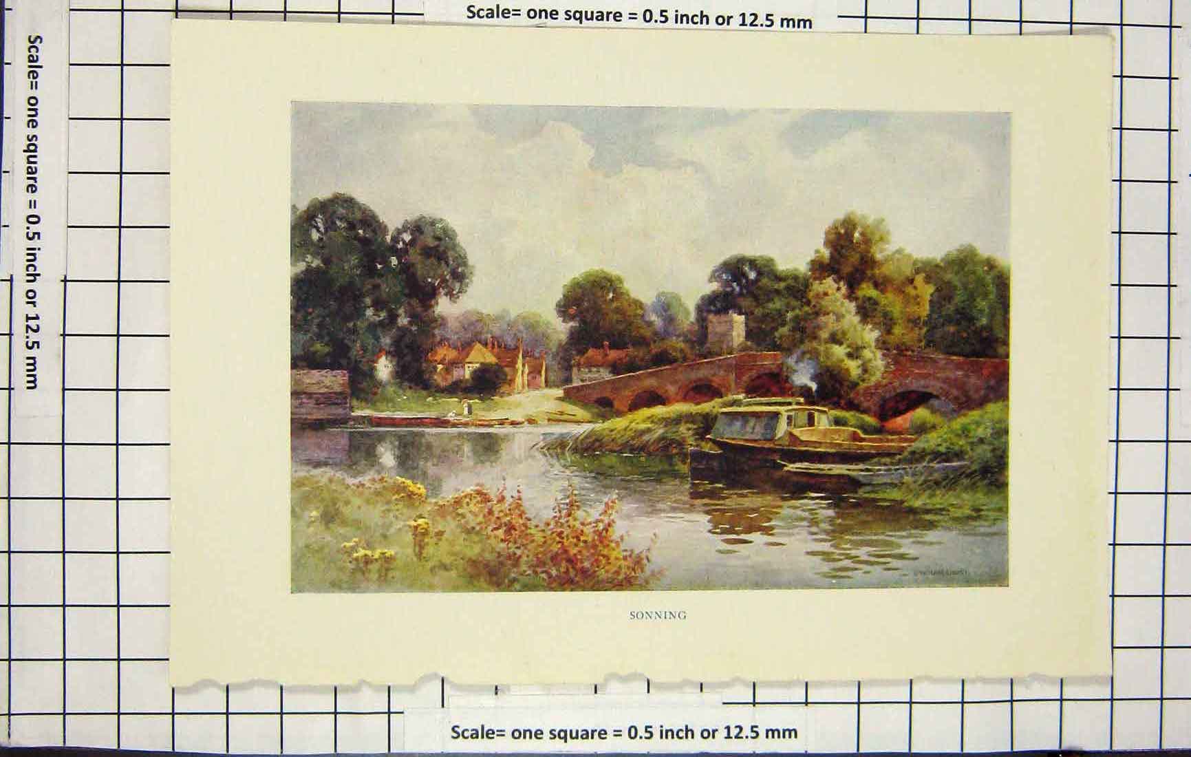 Original Old Antique Print Haslehust Colour View Sonning Boat River Bridge 18th