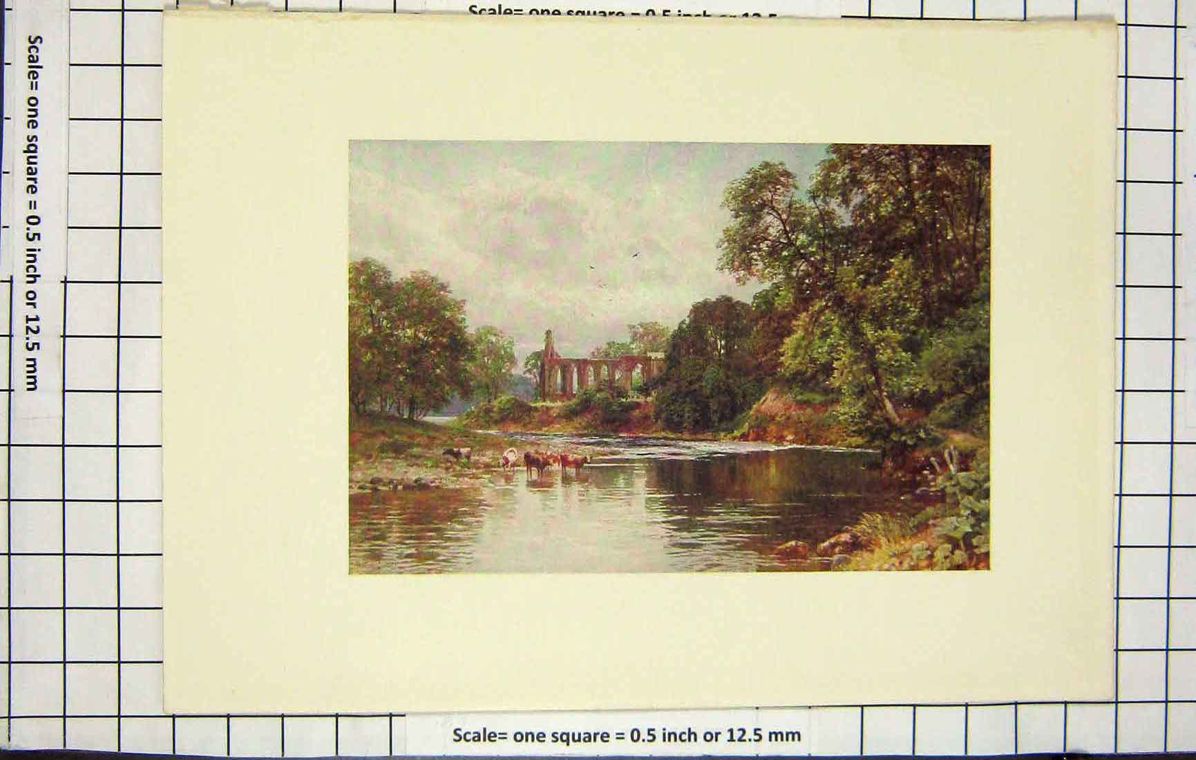Original Old Antique Print Colour Ruins Church River Cows Trees 18th Century