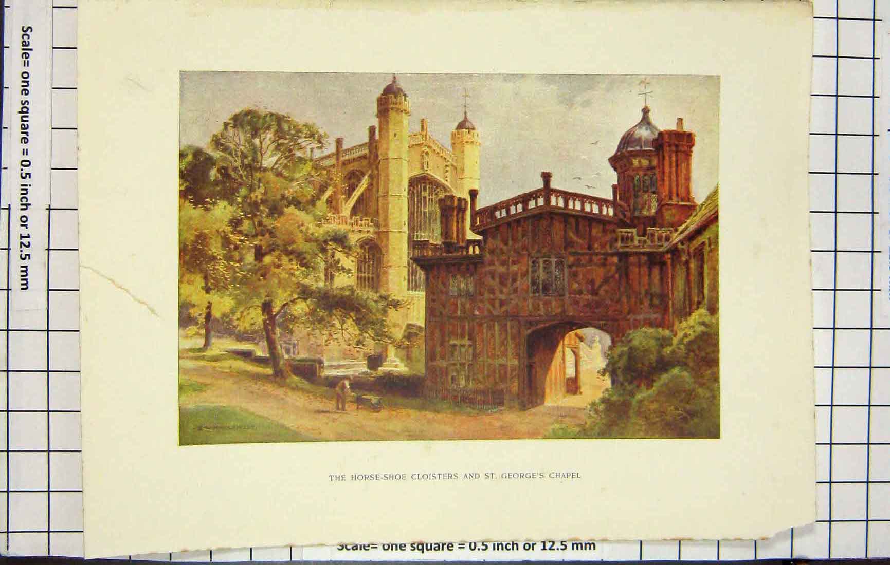 Original Old Antique Print Colour Street Scene Church Trees Fence Victorian