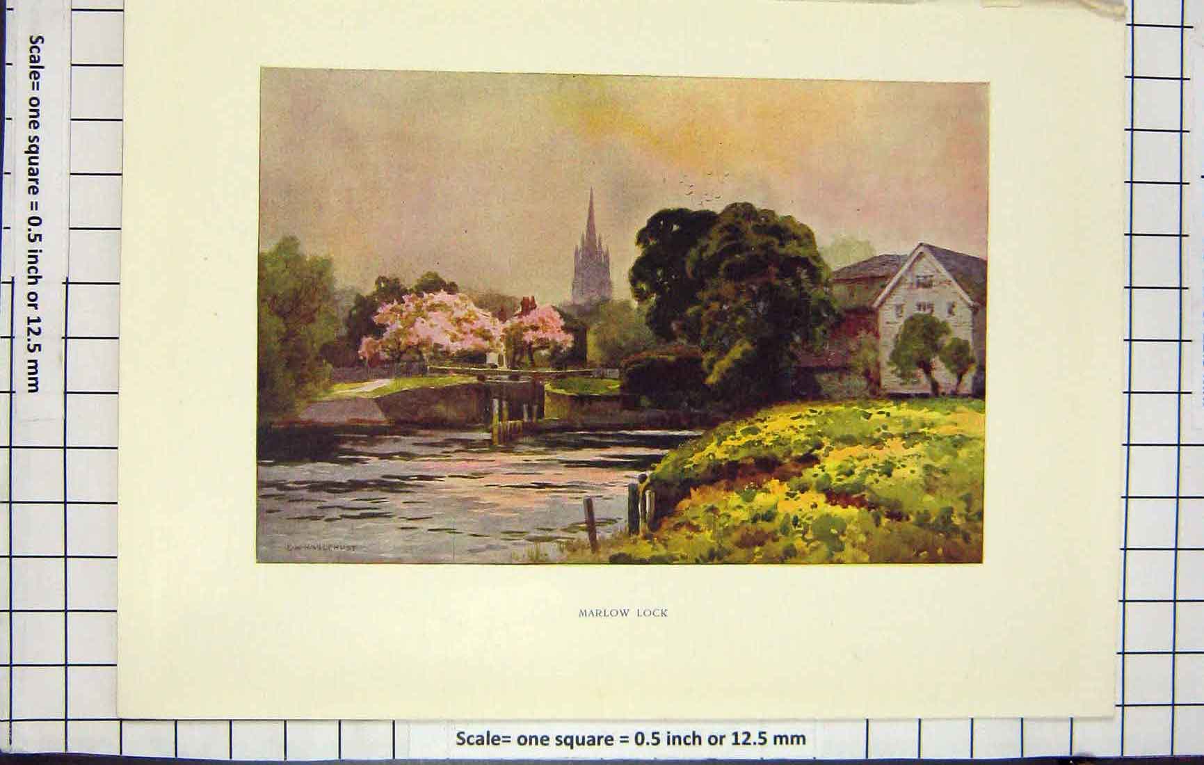 Old Antique Print Ref.920 Haslehust Colour View Marlow Lock Church River