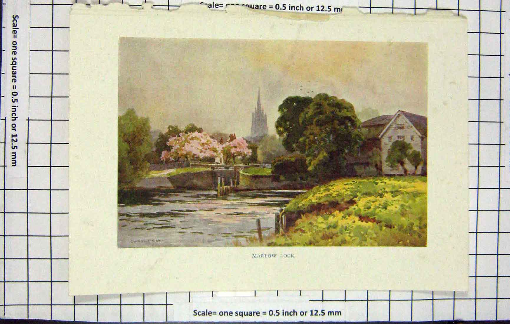 Old Antique Print Ref.921 Haslehust Colour View Marlow Lock River Church