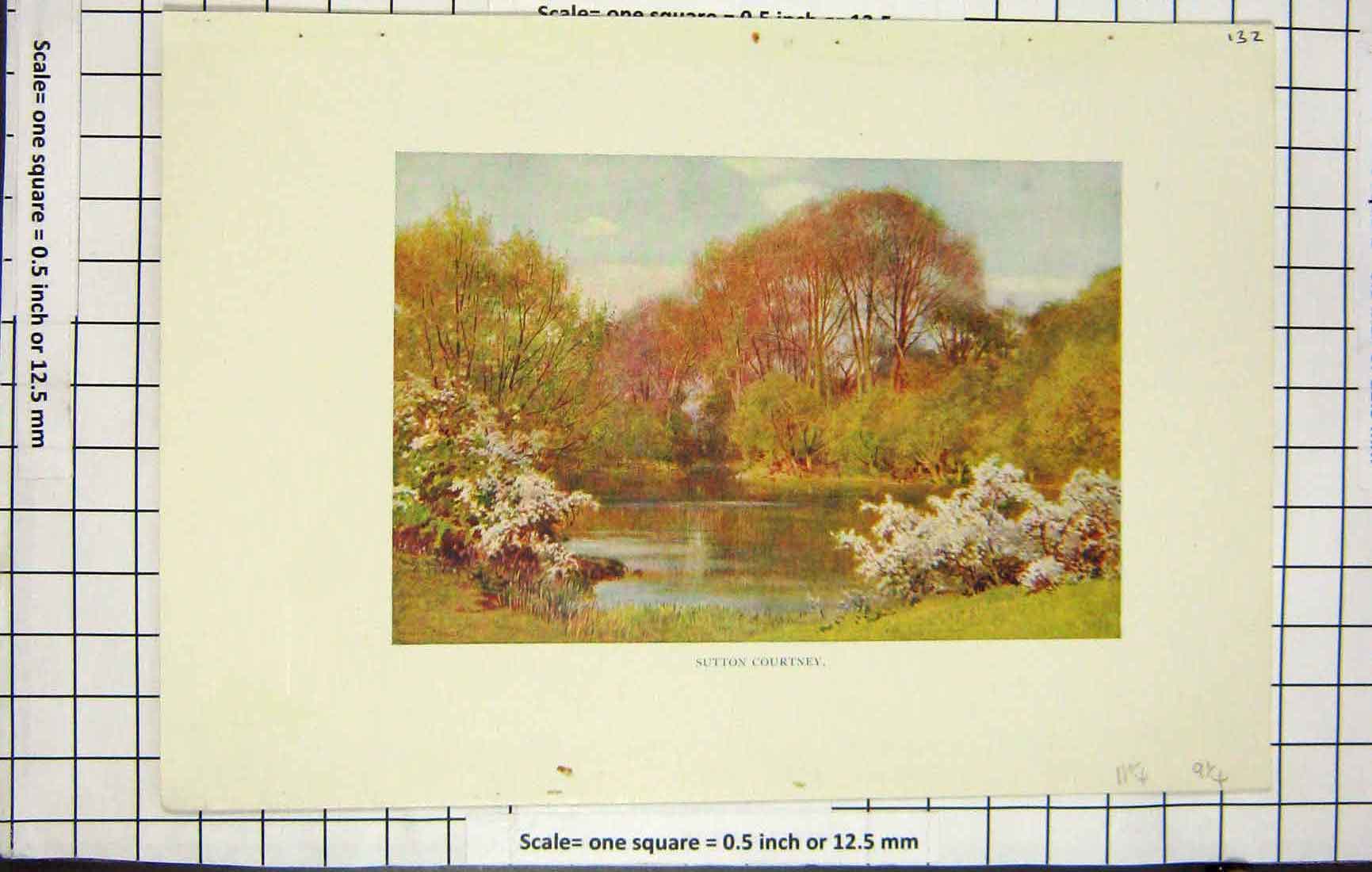 Original Old Antique Print Colour View Sutton Courtney Lake Trees Victorian