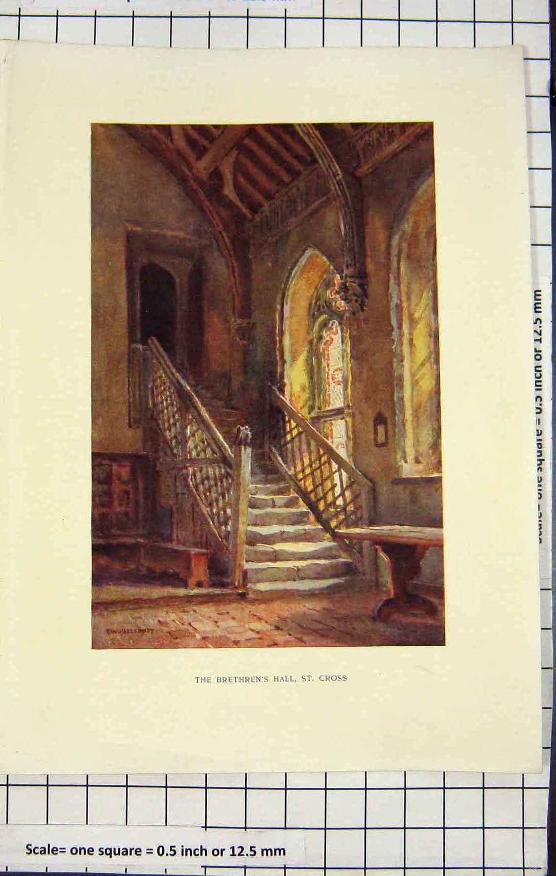 Original Old Antique Print Colour Brethren'S Hall St. Cross Architecture 20th