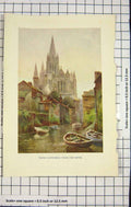 Original Old Antique Print Colour Truro Cathedral River Architecture 20th