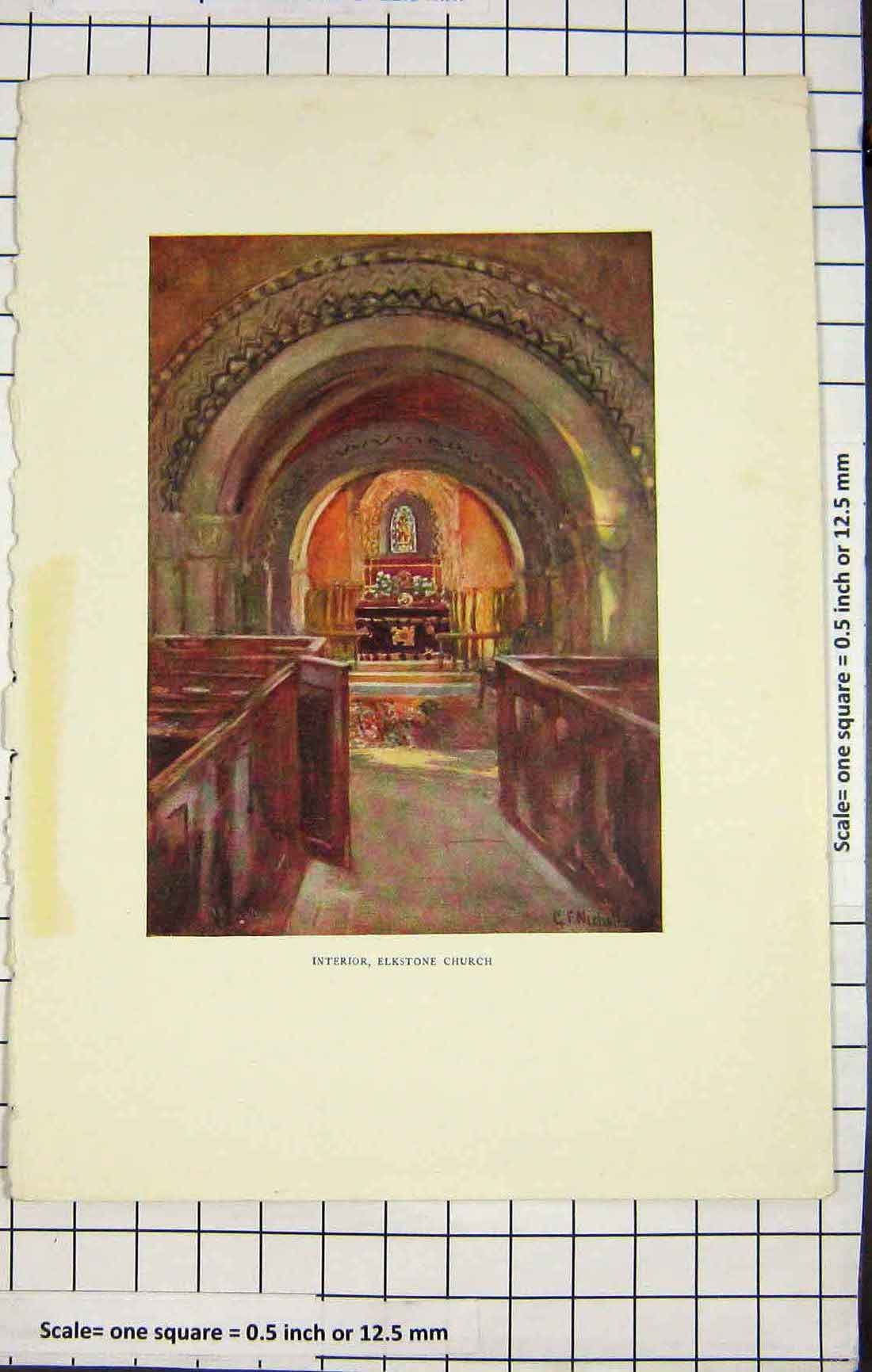 Original Old Antique Print Colour Interior Elkstone Church Architecture