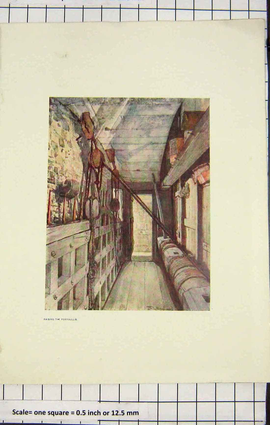 Original Old Antique Print Colour Scene Raising Portcullis Castle