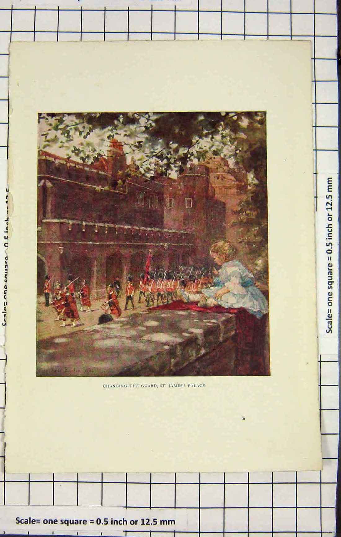 Original Old Antique Print Colour Changing Guard St. James Palace London