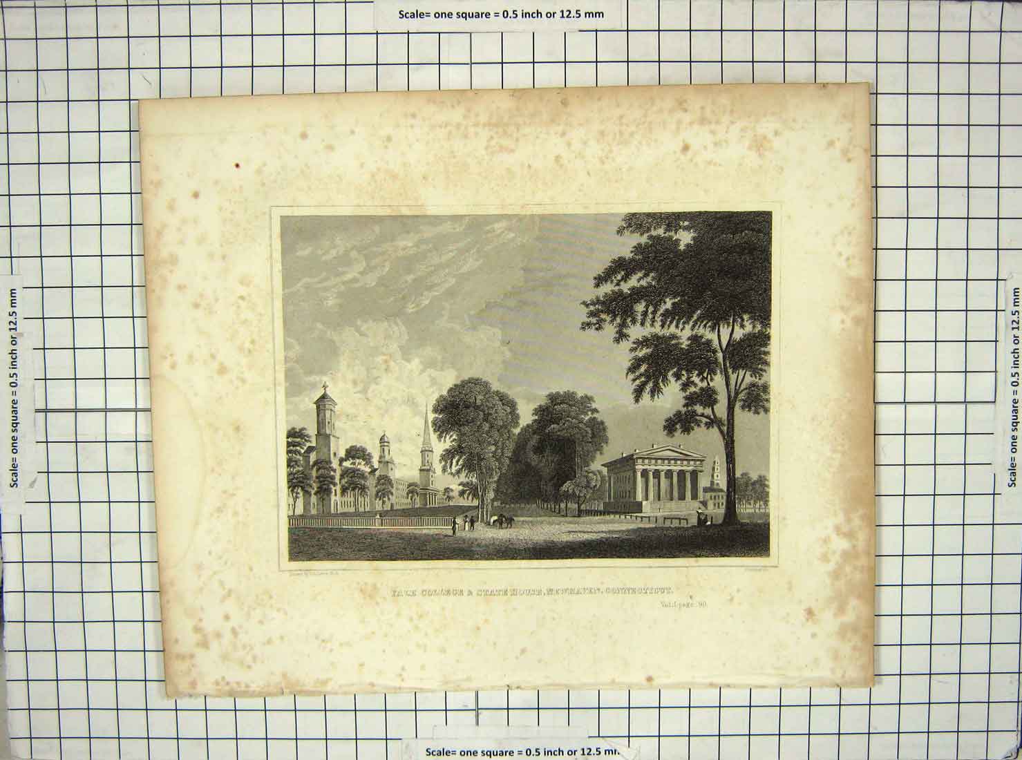 Original Old Antique Print Yale College State House Newhaven Connecticut Archer