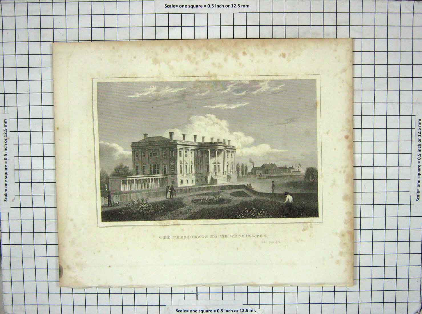 Old Antique Print President America House Washington Architecture Brown