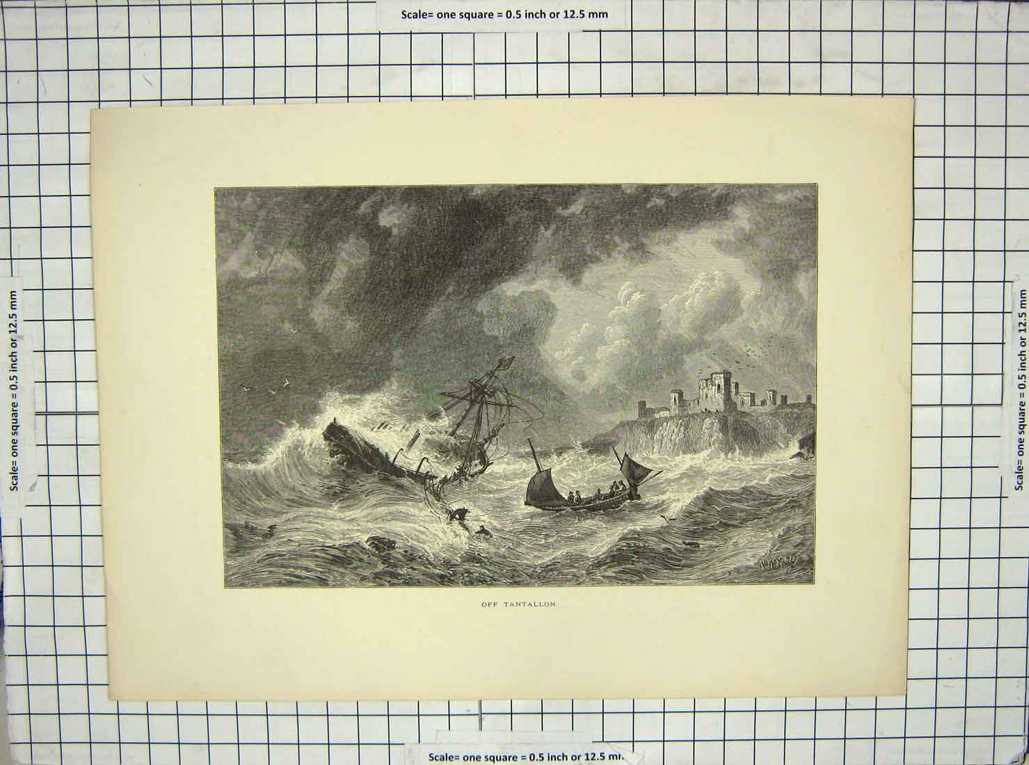 Original Old Antique Print Scene Ship Wreck Life-Boat Tantallon