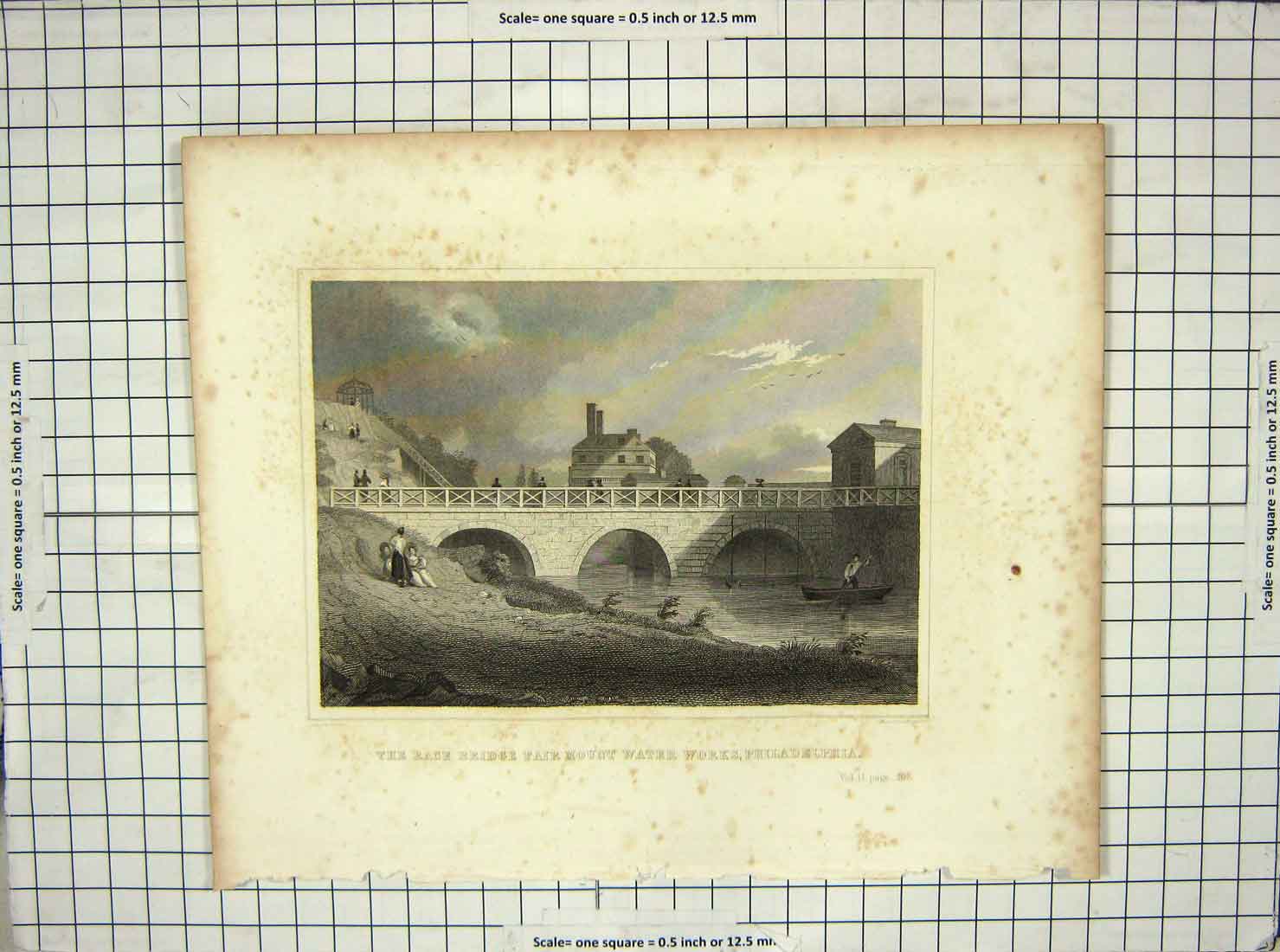 Original Old Antique Print Race Bridge Fair Mount Works Philadelphia Andrews