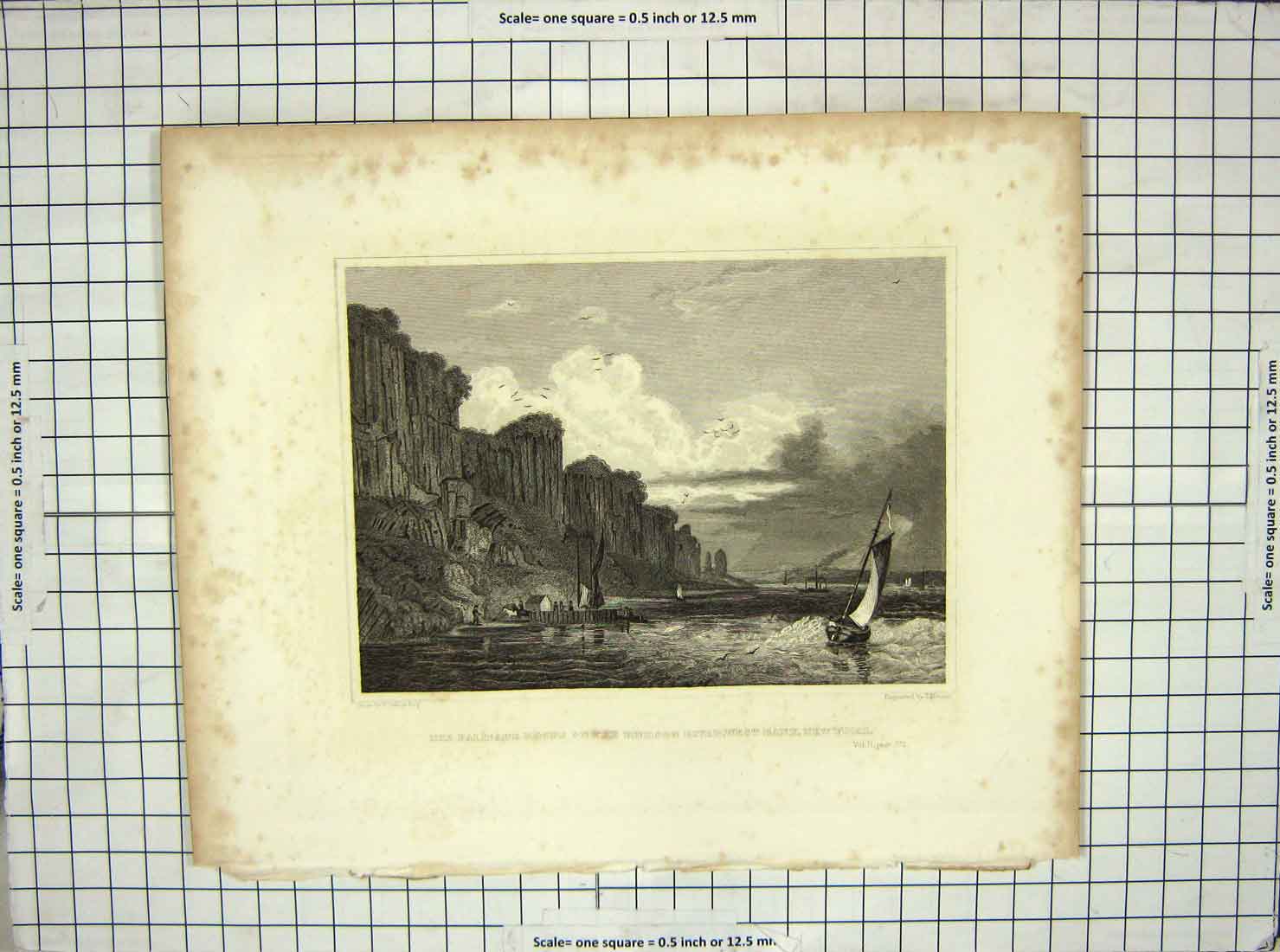 Original Old Antique Print Palisade Rocks Hudson River New York America Oakley
