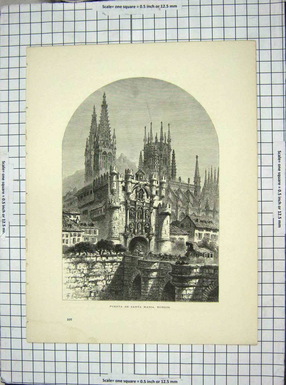 Original Old Antique Print Architecture Puerta Santa Maria Burgos