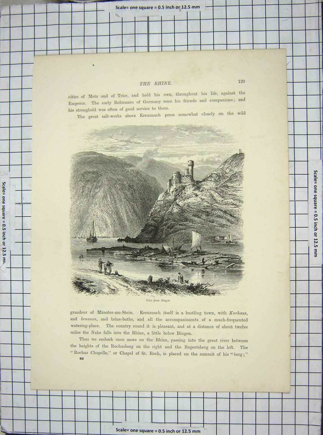 Original Old Antique Print View Bingen River Rhine Rafts Boats