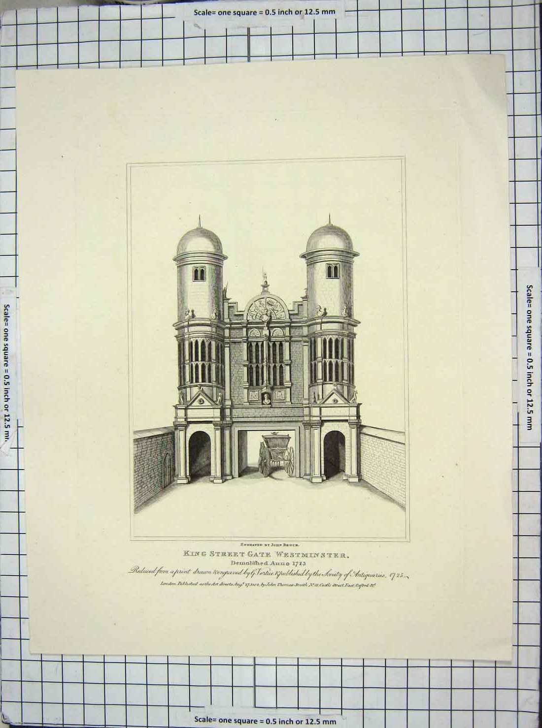 Original Old Antique Print 1808 King Street Westminster Architecture 19th