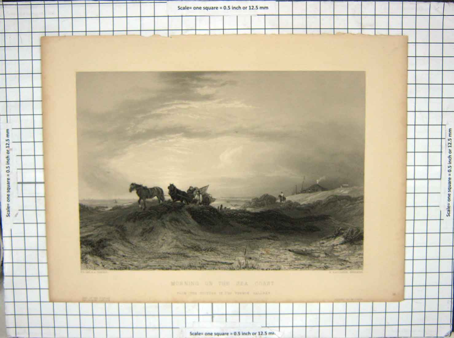 Original Old Antique Print View Monrning Sea Coast Horses Ratcliffe